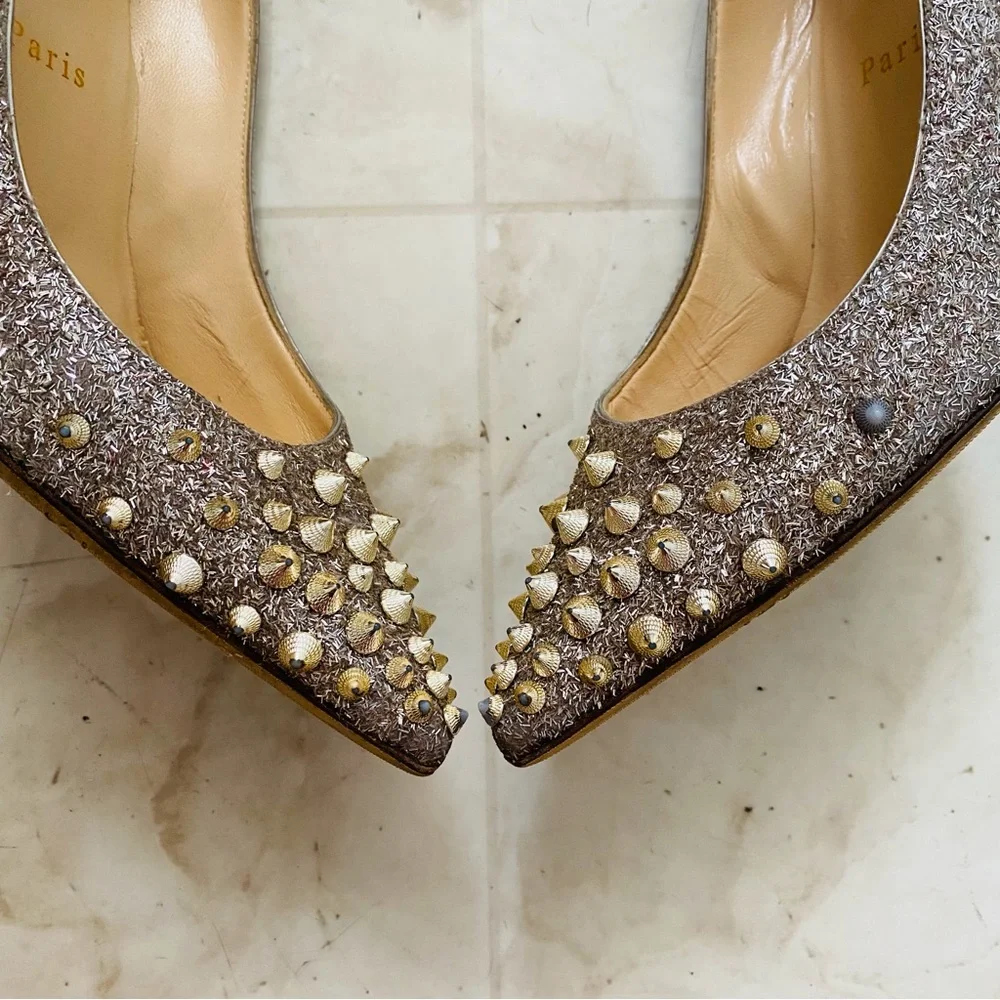 Christian Louboutin Silver Glitter Gold Spikes Pointed Toe Pumps Heels 7.5/37.5